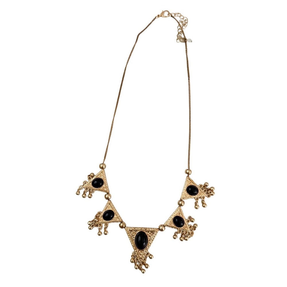 Gold Tone Triangle Bib Necklace Black Cabochons Boho Fringe